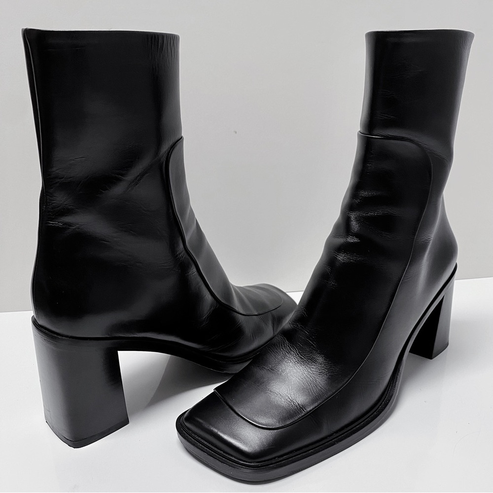 The Row Patch Black Leather Square Toe Block Heel Ankle Boots Italy 41 11